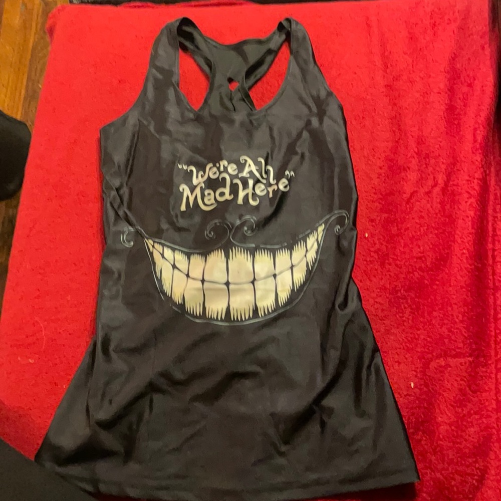 Ladies “We’re All Mad Here” Cheshire Cat tank top